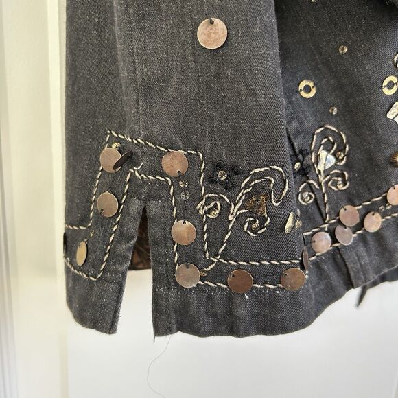 Coldwater Creek Open Jacket Black Denim Sequin Trim Sz Large Boho Cottagecore - Picture 5 of 13